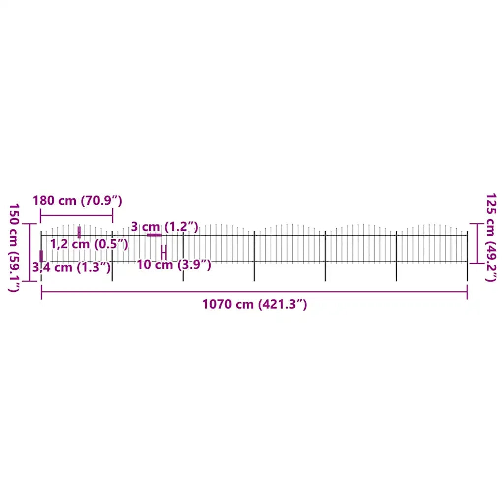 Recinzione da Giardino con Punta a Lancia in Acciaio 1070x150 cm Nero 277735