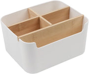 Bureau-organizzatore a 5 cassetti, support per penne in bambù con contenitori rimovibili, organizzatore multifunzionale per ufficio con telecomando per penne, appunti adesivi, occhiali e forbici (bianco)