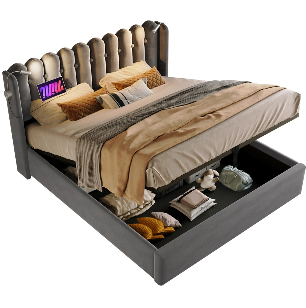 Letto matrimoniale 160x200 cm in velluto grigio con luce da lettura; USB e contenitore