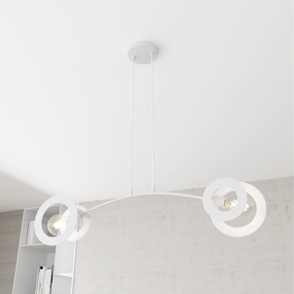 Lampadario 2 Luci Djehuty Acciaio Bianco Bracci Diffusori Doppio Cerchio
