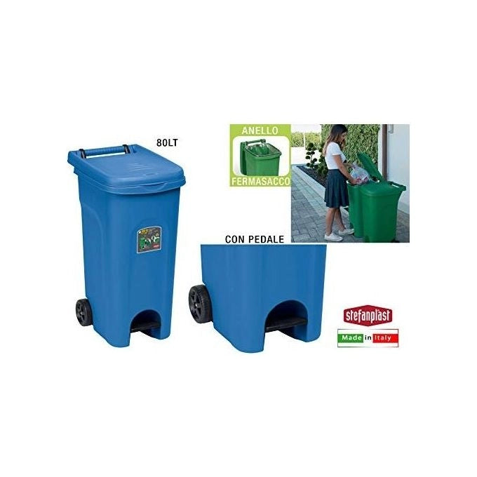 Stefanplast 2772316 Urban Eco System Bidone Carrellato 80 lt con Pedale Ruote e Anello Fermasacco colore Blu