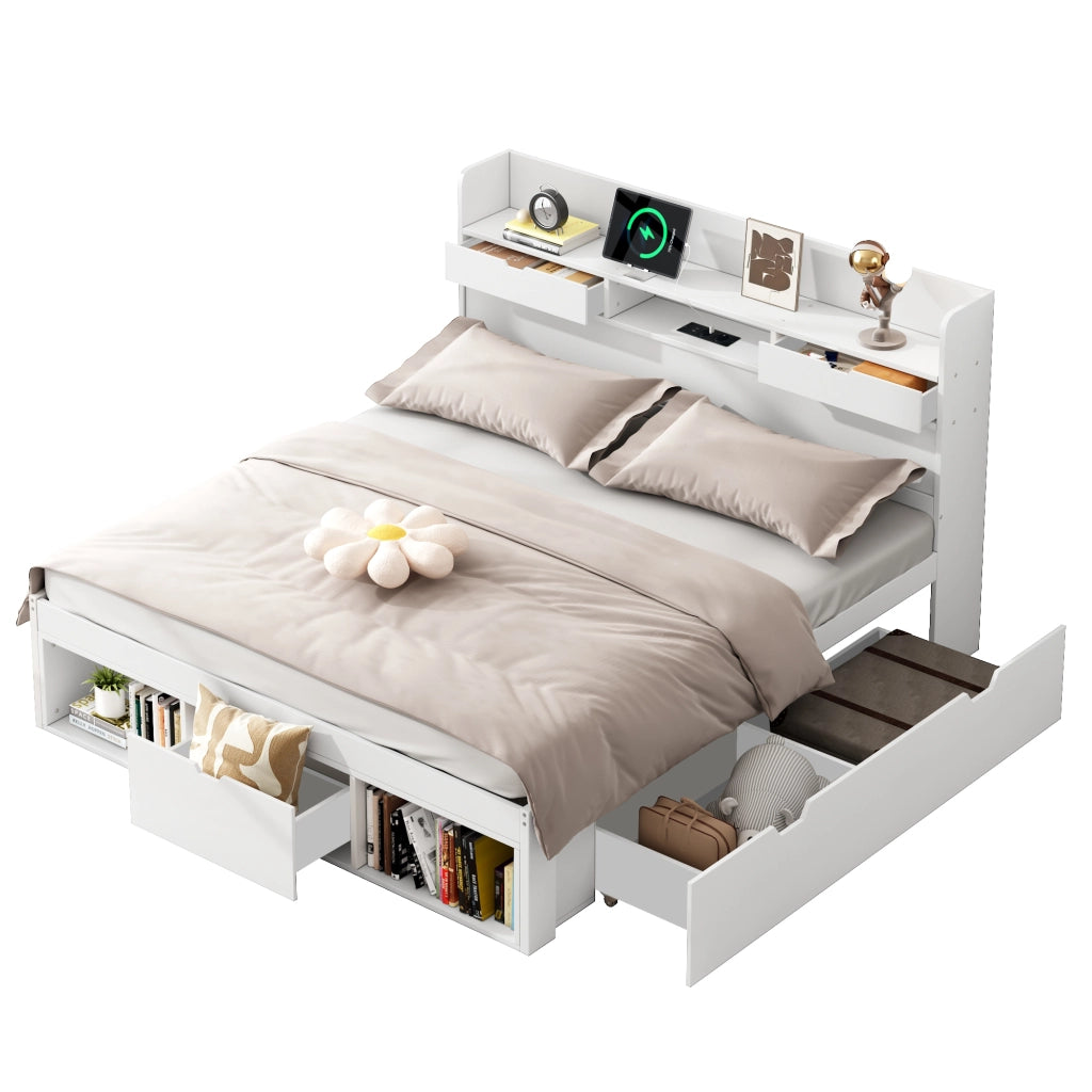 OKWISH Letto con Cassetti 140×200 cm, Letto Matrimoniale con USB, Type C, 2 Prese e Vani Contenitore, senza Materasso, in Pino, Bianco