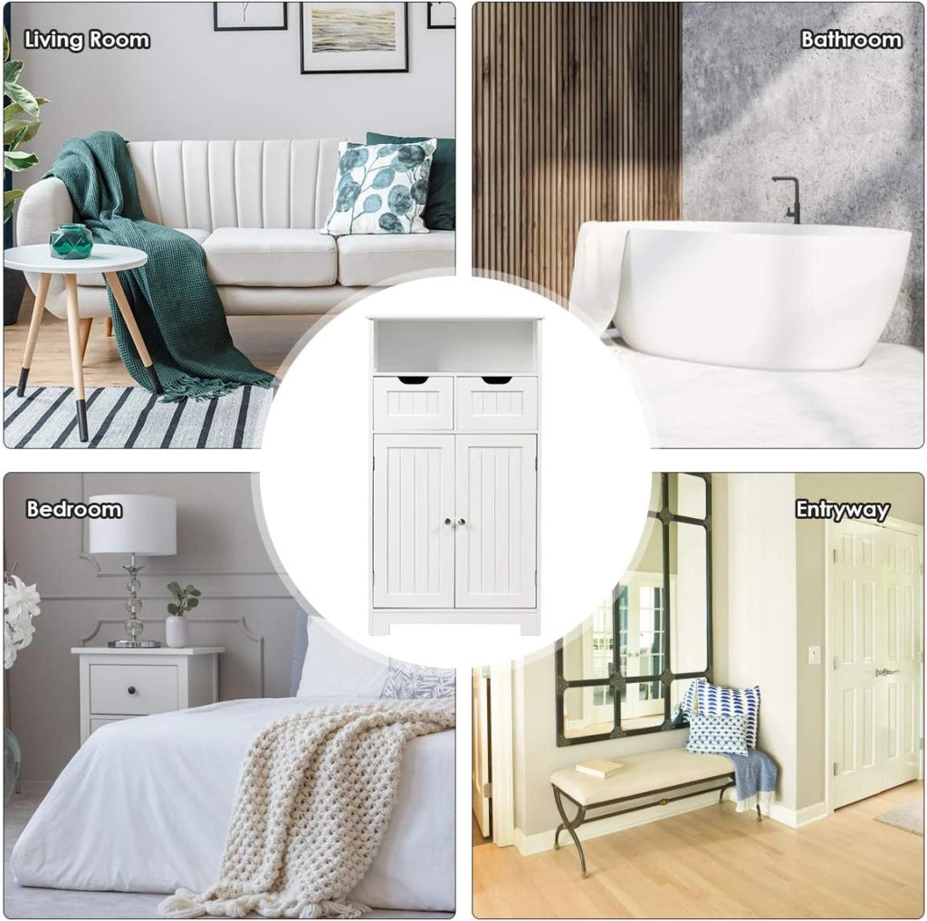 Armadietto Bagno da Terra, Mobiletto Autoportante, con Doppio Ante Legno, Cassetti Rimovibili e Ripiani Regolabili, 30x60x109 cm (Bianco)