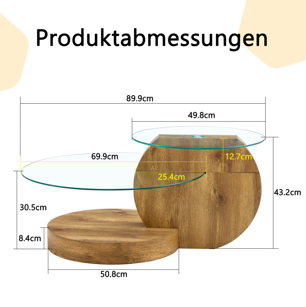 Tavolino da caffè moderno in vetro temperato con supporto in MDF e design multi-livello, finiture effetto legno