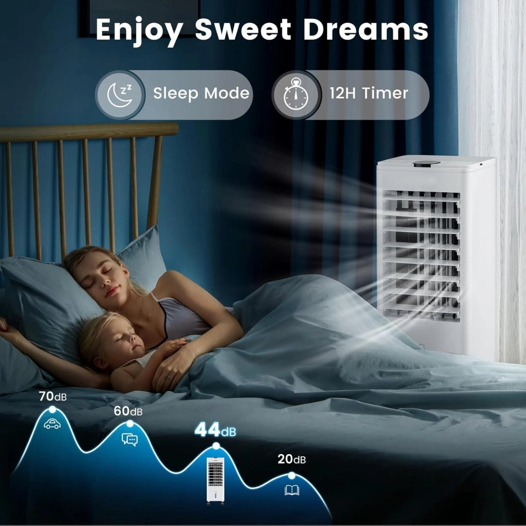 Ventilatore Condizionatore, 3 in 1 Ventilatore & Umidificatore & Raffrescatore, 3 Velocità, 2 Serbatoi d'Acqua, Timer 12H, Telecomando, per Salone, Camera da Letto, Ufficio (Bianco)