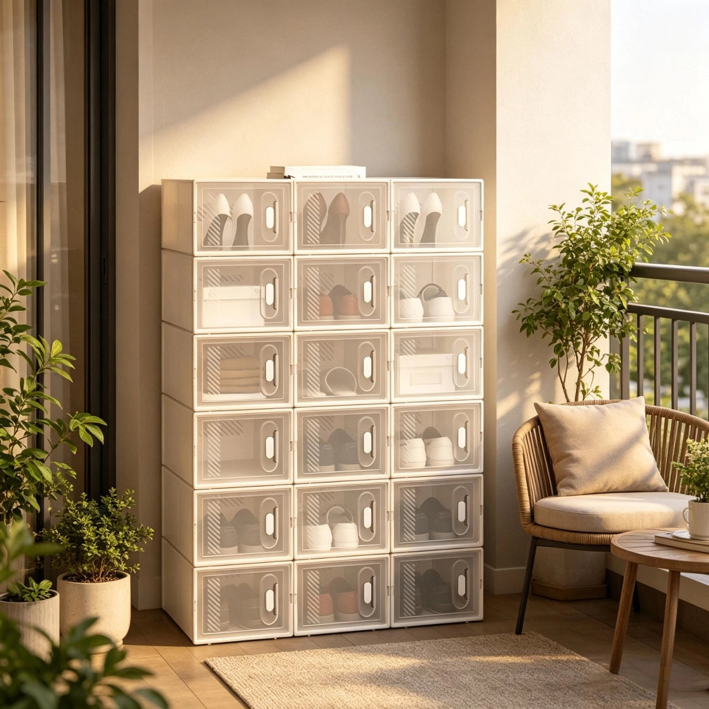 Set di 18 scatole porta scarpe impilabili in plastica trasparente e bianca, contenitori modulari salvaspazio con apertura frontale