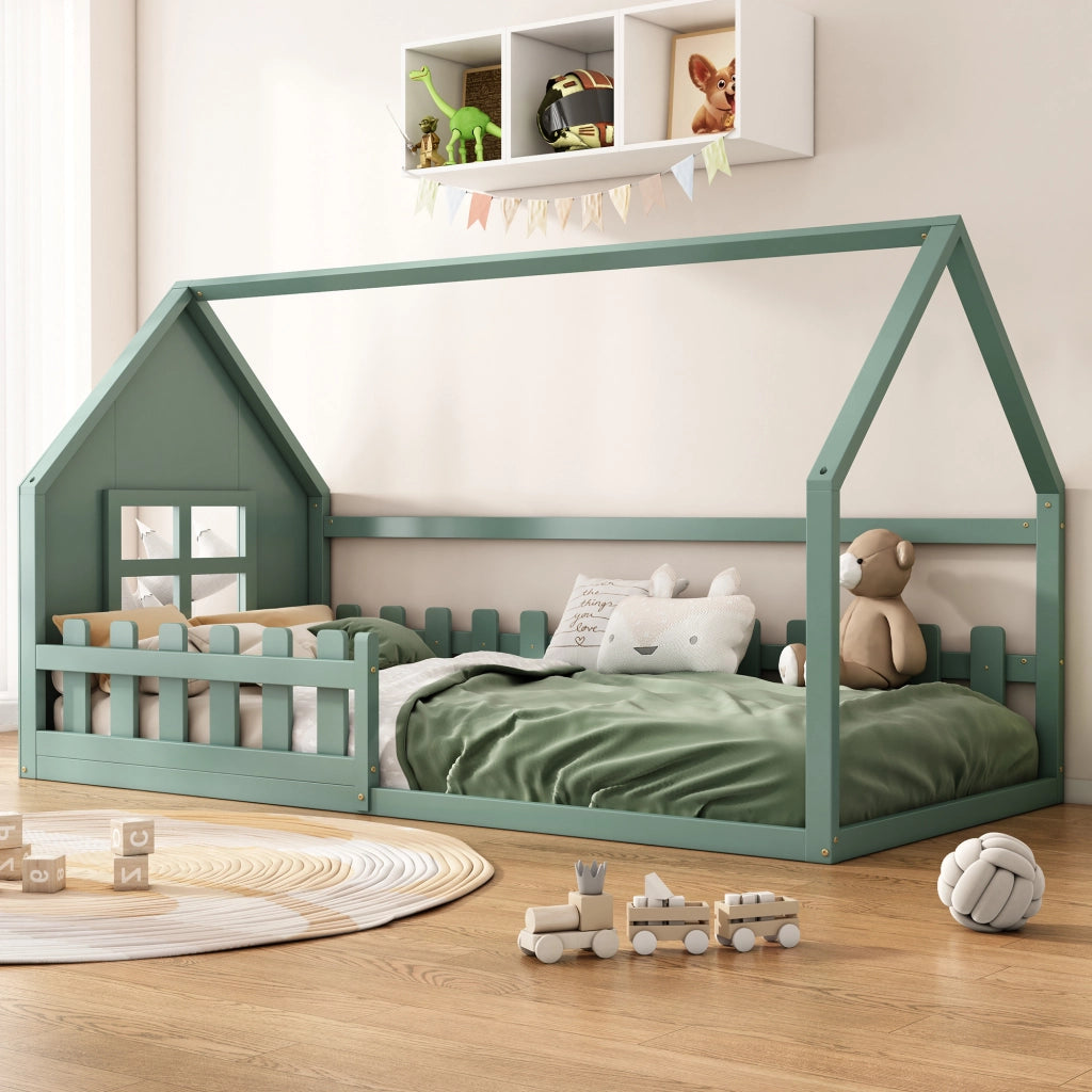 Letto per bambini a casetta verde 90 x 200 cm in pino e MDF