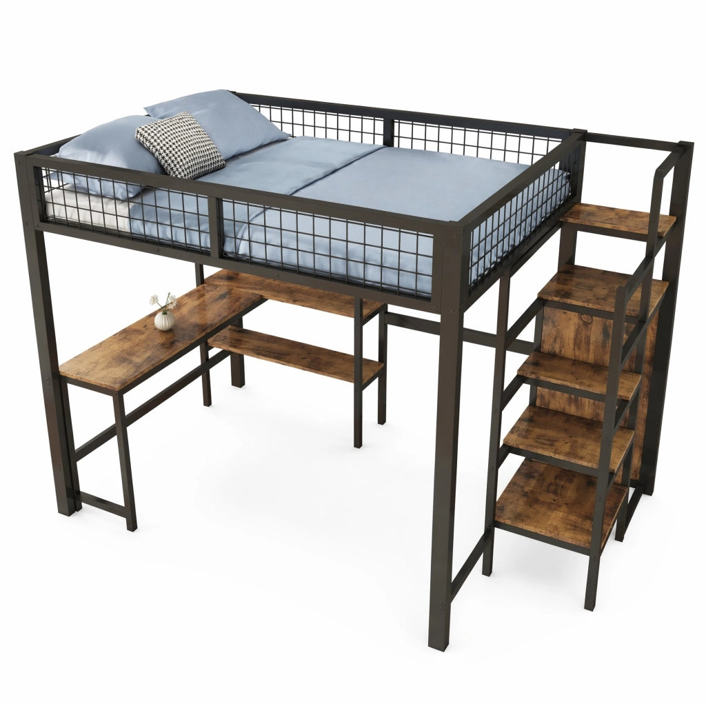 Letto a soppalco 140x200 cm con scrivania, ripiani e armadio integrati