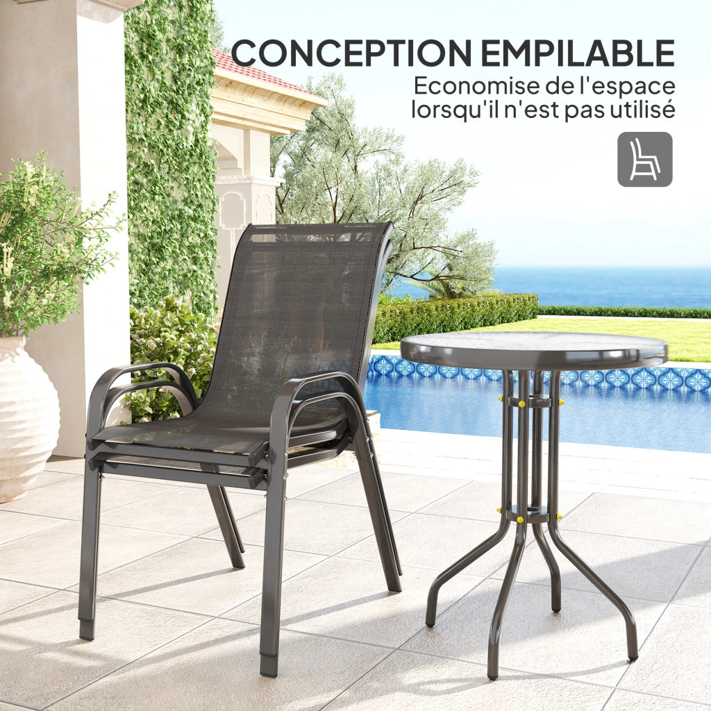 Set giardino 3 pezzi ¨C zephmum ¨C 2 poltrone impilabili, tavolino vetro temperato nero