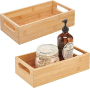 Set di 2 scatole di conservazione con maniglie, box in legno pratica per la conservazione di cosmetici e prodotti di cura, tavolo apribile in legno di bambù per la stanza da bagno, colori naturali
