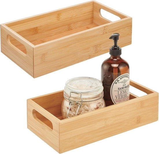 Set di 2 scatole di conservazione con maniglie, box in legno pratica per la conservazione di cosmetici e prodotti di cura, tavolo apribile in legno di bambù per la stanza da bagno, colori naturali