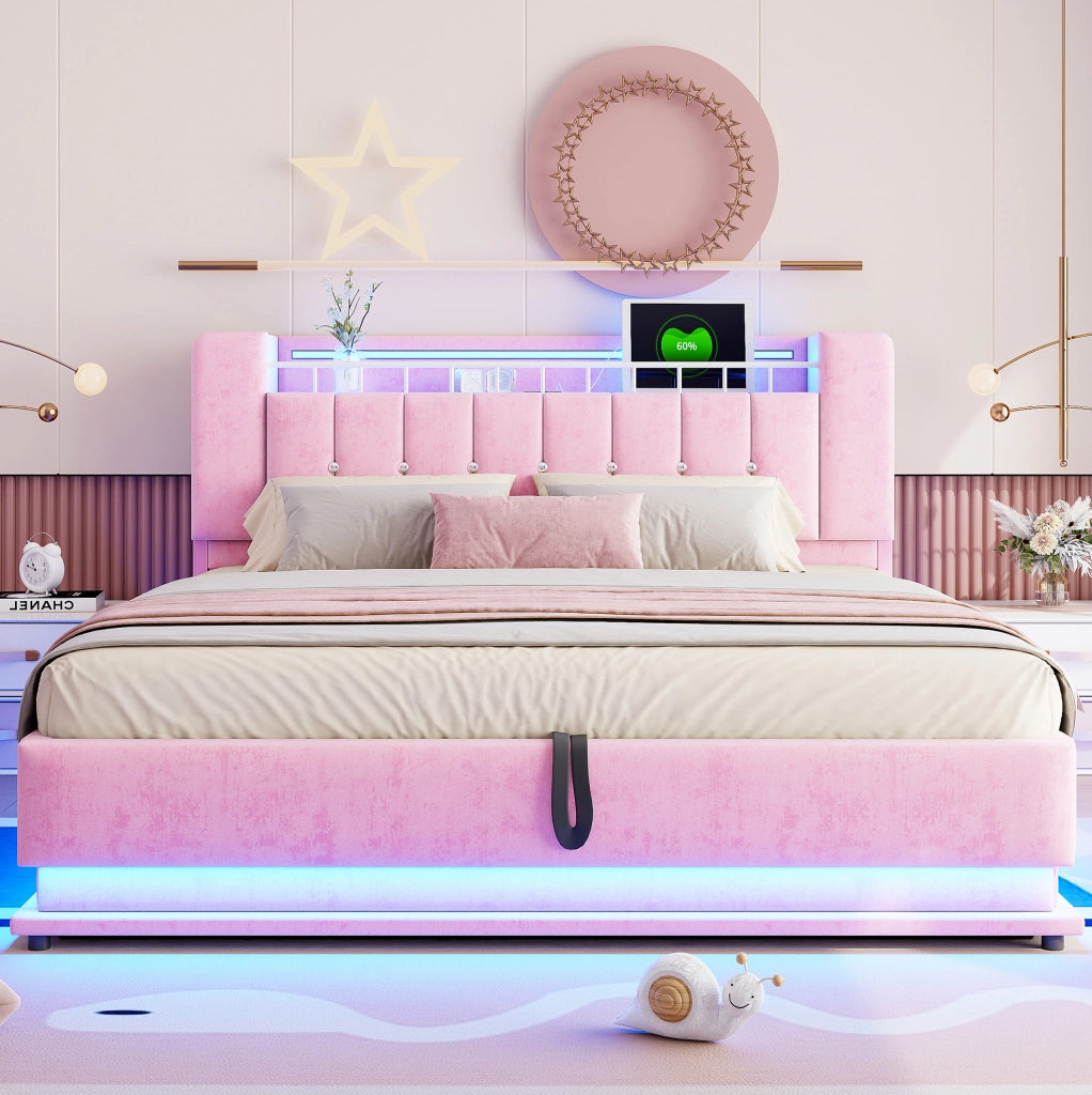 Letto imbottito 180x200 cm con LED; USB e contenitore idraulico in velluto rosa