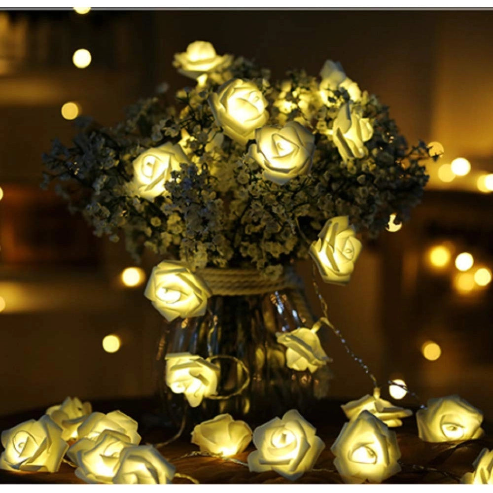 Trade Shop - Catena Luci Luminosa Con 10 Led A Forma Di Rosa Bianca Alimentazione A Batteria -