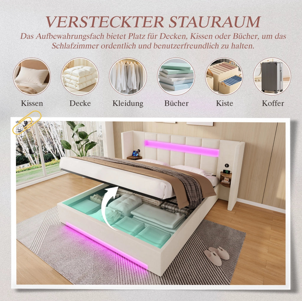 Letto contenitore 160x200 cm in velluto beige con LED; 2 porte USB e vani laterali