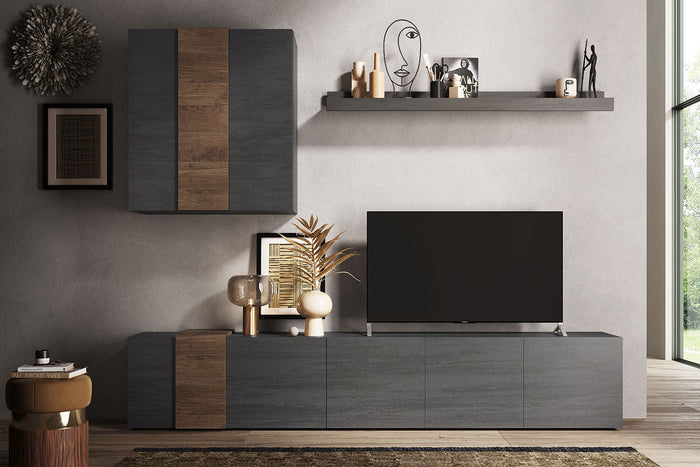 Parete Attrezzata Design Contemporaneo 301x44x195 cm Mobile TV e Pensile Titanio e Noce Mercure