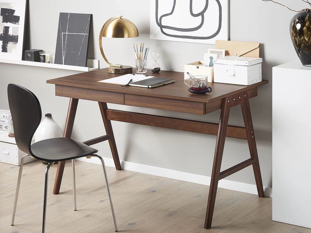 Scrivania per home office in legno di noce scuro 120 x 70 cm Postazione di Lavoro con 2 cassetti