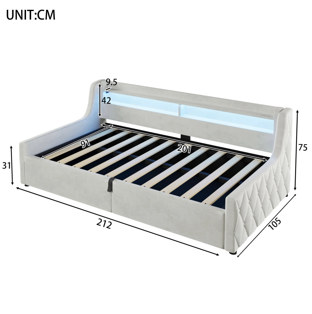 Letto singolo imbottito 90x200 con vano contenitore e testiera LED