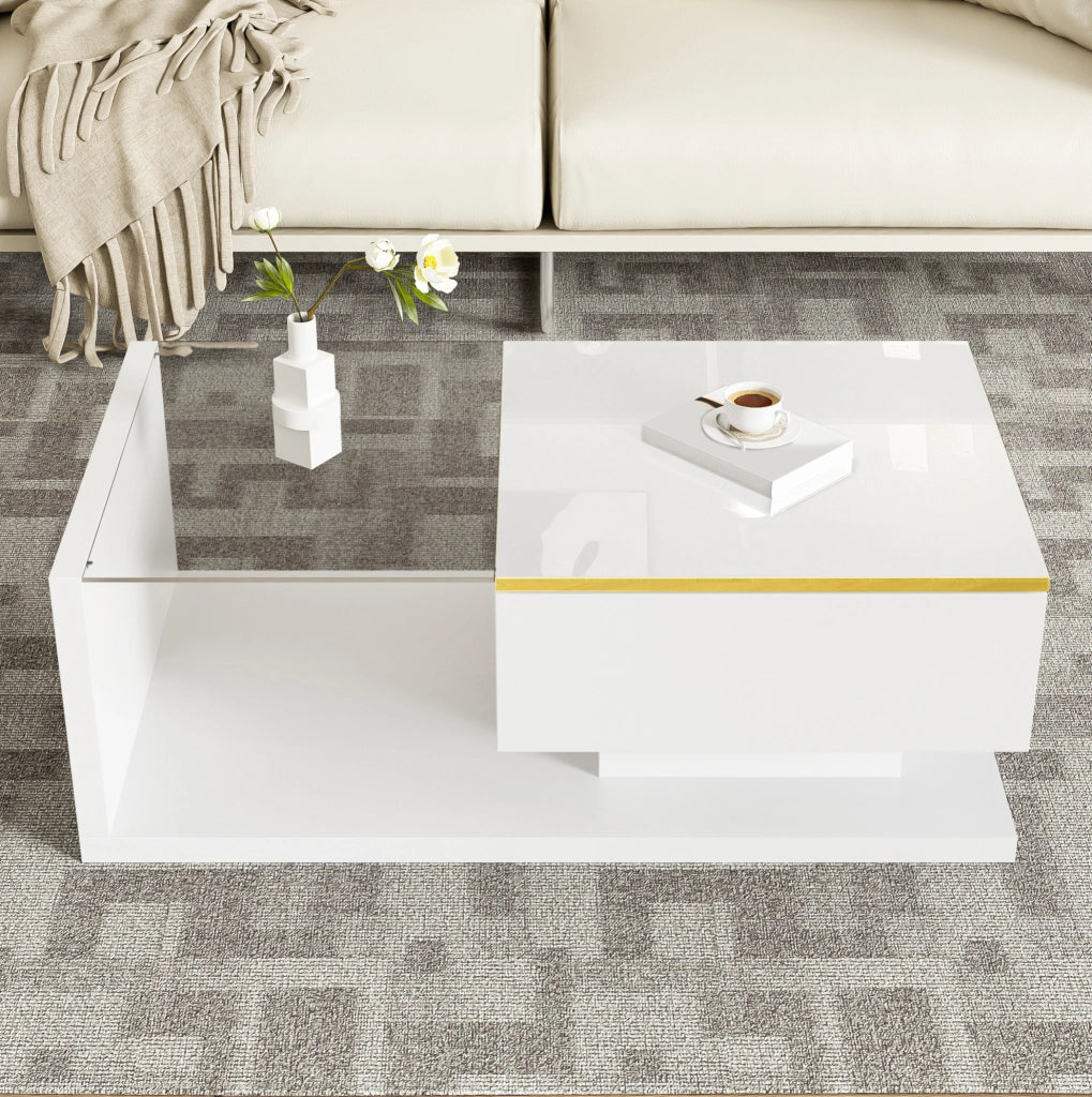 Tavolino da caffè 90x50 cm bianco lucido con vetro temperato e LED 16 colori