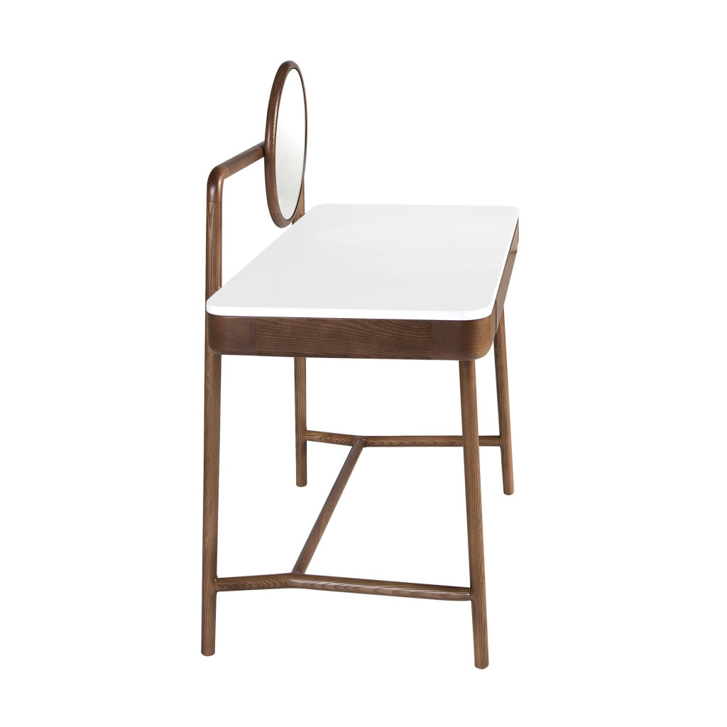 Scrivania toeletta in noce con piano in legno bianco e specchio