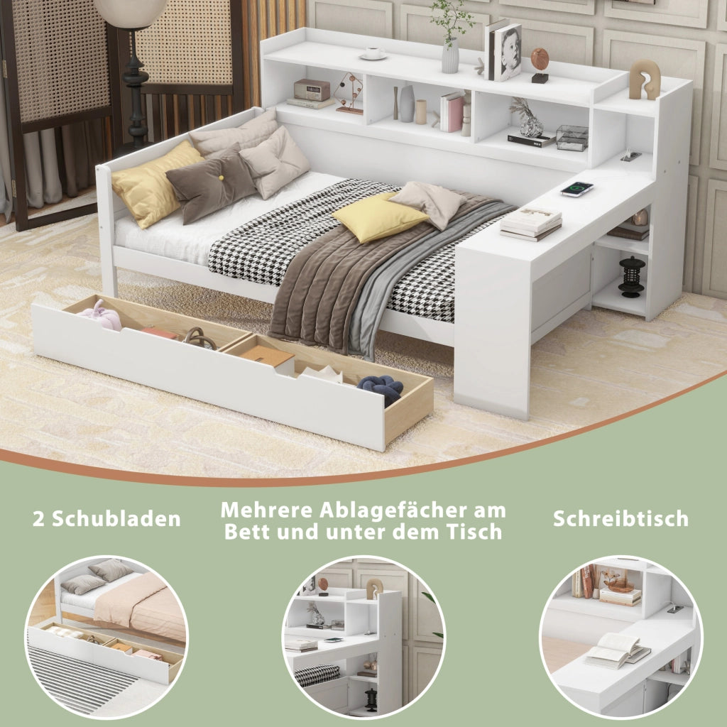 OKWISH Letto a Divano 90×200 cm, Letto Singolo con Presa, USB, 2 Cassetti, Scrivania e Mensole, senza Materasso, Bianco