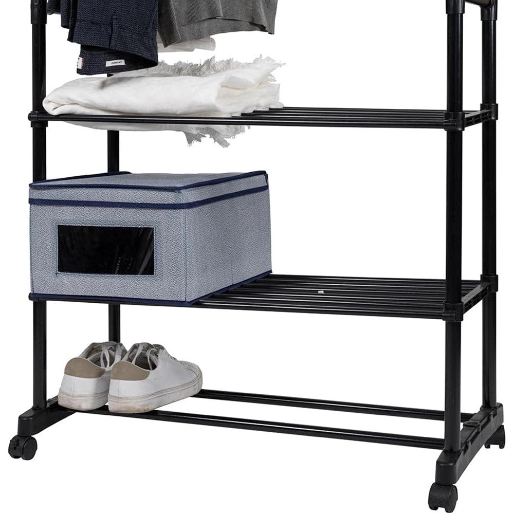 Trade Shop - Appendiabiti Multistand Armadio In Metallo Altezza Regolabile 2 Aste 4 Ruote 3 Ripiani -
