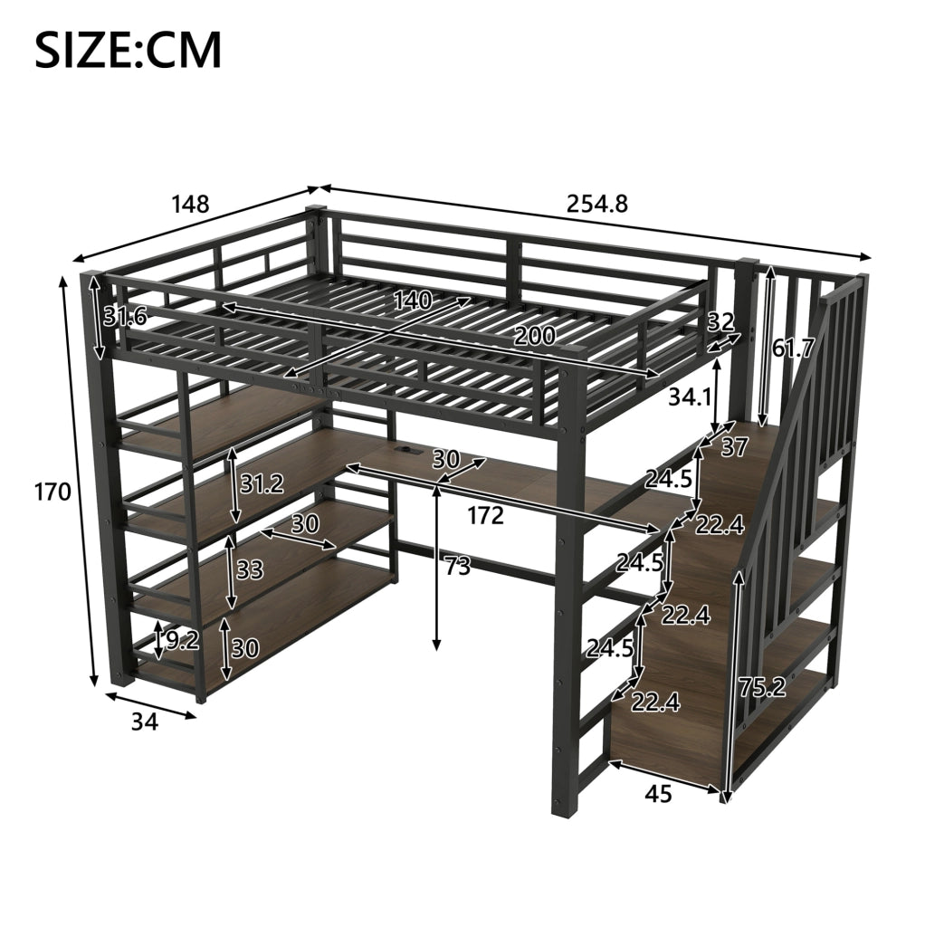 Letto a soppalco in metallo 140x200 con scrivania, scale contenitive e LED