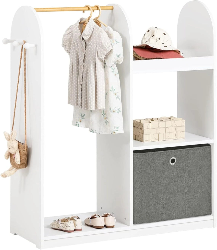 Armadio Cameretta Armadio Bambini con 3 Scomparti, Contenitore Tessuto e 3 Ganci Laterali Guardaroba con Appendiabiti per Bambini Grigio 97x35x108 KMB40-HG