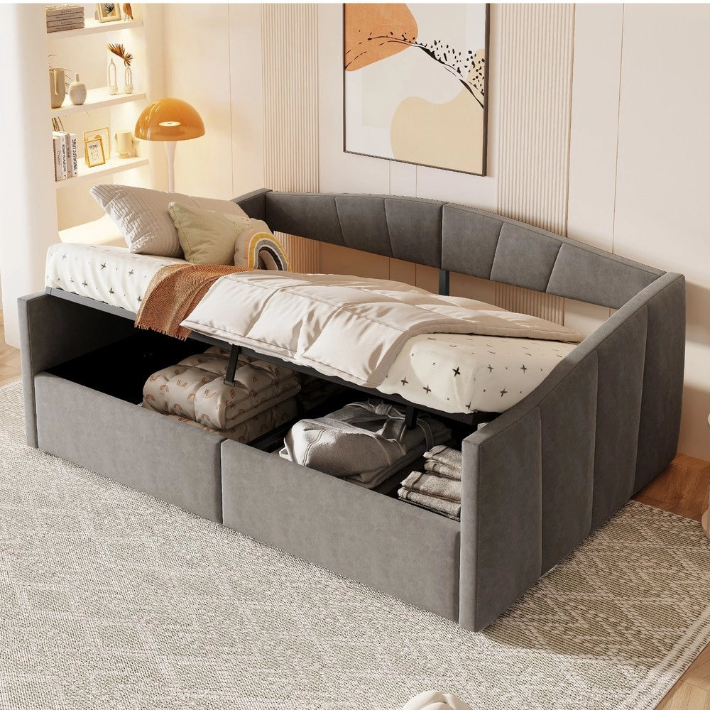 Letto Matrimoniale Imbottito ¨C MINIMAL ¨C Velluto Grigio 140x200 Contenitore Idraulico Rete a Doghe