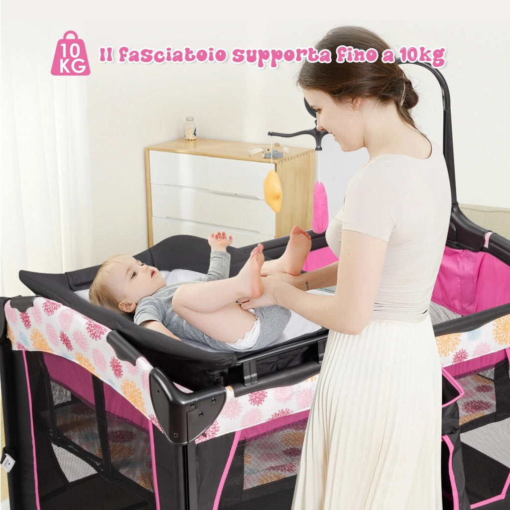 Box portatile 3 in 1 per bambini-Letto pieghevole con tasca carillon giocattoli carini Rosa