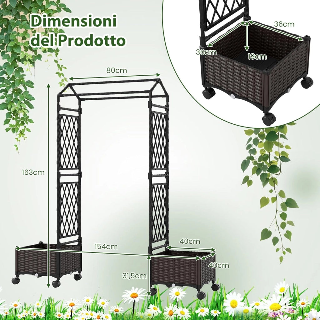 Fioriera Rialzata da Giardino con Grigliato, Tetto, Ruote Bloccabili e Irrigazione Automatica, Letto da Giardino Rialzato Alto in Rattan Impermeabile per Piante Rampicanti (Marrone)