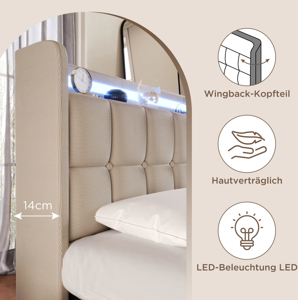 Letto matrimoniale 140x200 cm beige con prese USB; LED e 4 cassetti contenitore