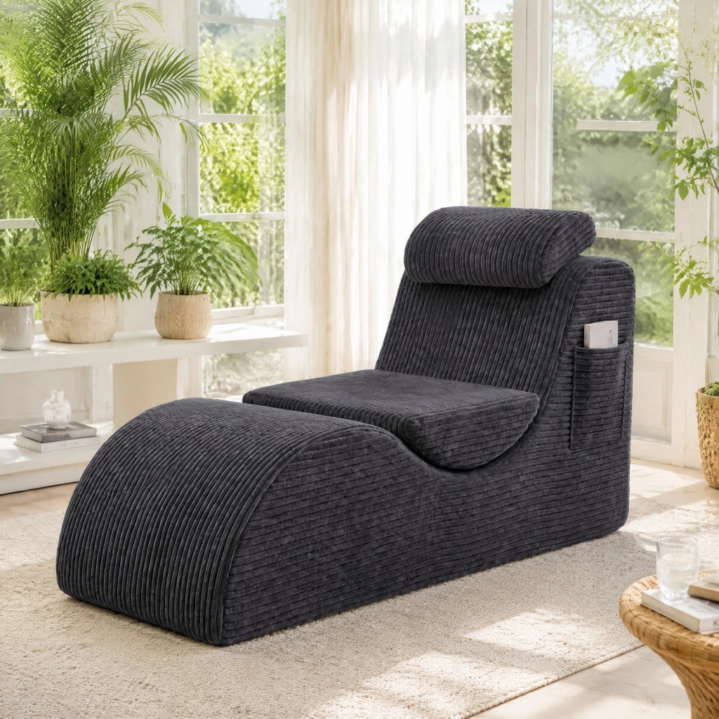 Poltrona Relax con Tasca Laterale e Cuscini Rimovibili in Velluto a Coste Grigio Scuro 160 × 66 × 90 cm