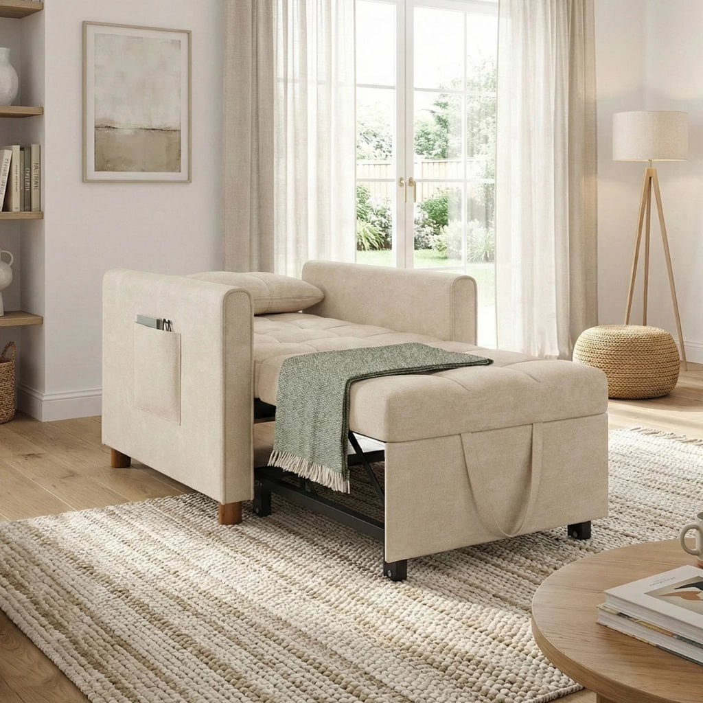 IDMarket - Divano letto EMILE 1 posto 69 x 170 cm in ciniglia beige