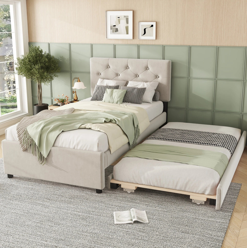 Letto imbottito 90x200 cm con letto estraibile; in velluto beige; testiera con bottoni