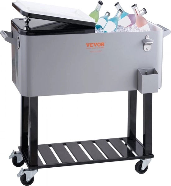 Carrello Refrigerante Rotolante - Cooler per Bar - Grigio - 80 Qt - Carrello per Bere - Portatile - Per Terrazza, Giardino, Festa - 46x93x89cm