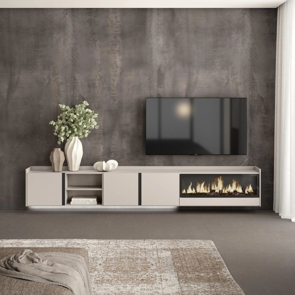 Mobile TV Soggiorno, 315x50x35 cm, Per TV fino a 80", Camino elettrico XXL, Sospeso, da appendere, LED, Beige