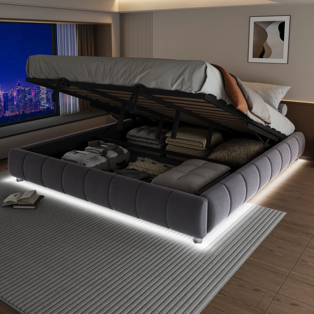 Letto Contenitore Imbottito con LED ¨C MINIMAL ¨C Grigio 180x200 Idraulico Senza Testiera