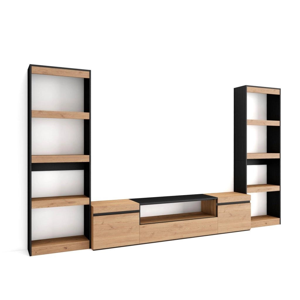 Mobile TV, Soggiorno, 320x35x186cm, Per TV fino a 80", Set di mobili, colore Rovere e nero RF2603