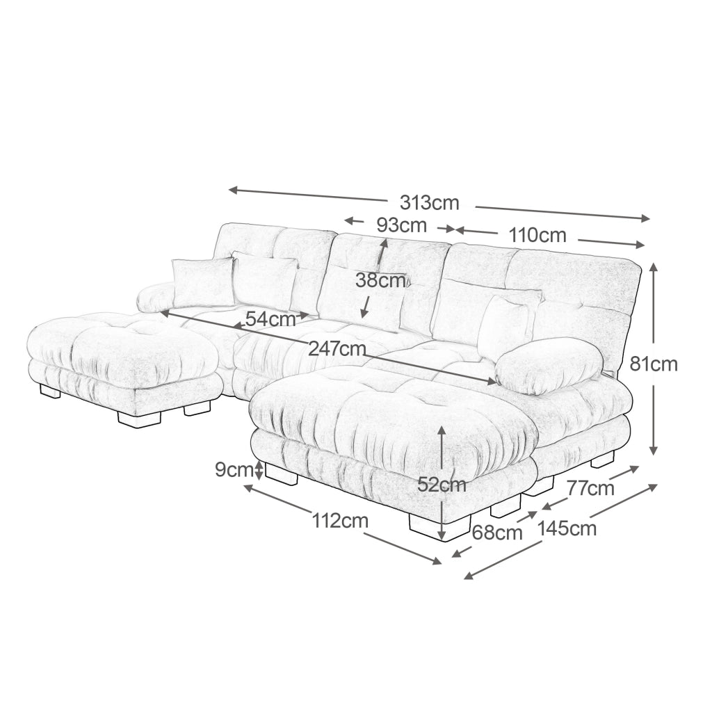 Divano modulare angolare con seduta profonda e pouf mobili trasformabile a U in chenille marrone 313 × 145 × 81 cm
