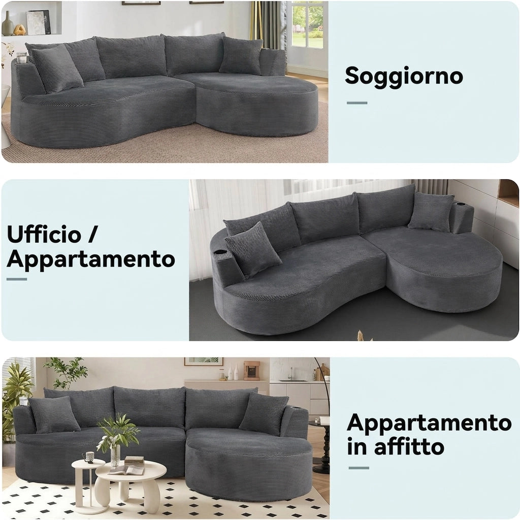 Divano 3 posti con penisola destra; design curvo in velluto a coste; grigio