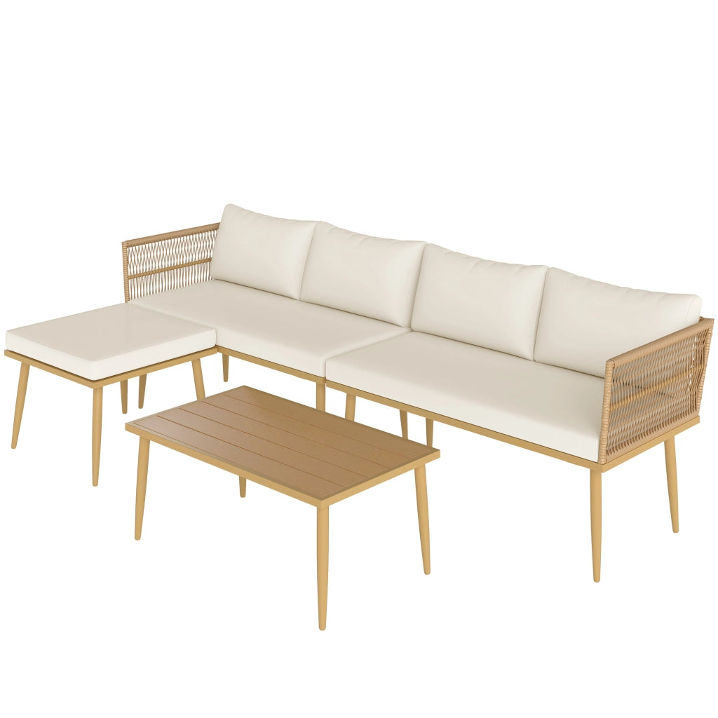 Set divano esterno 5 posti in polyrattan ¨C zephmum ¨C beige con cuscini, tavolino e pouf