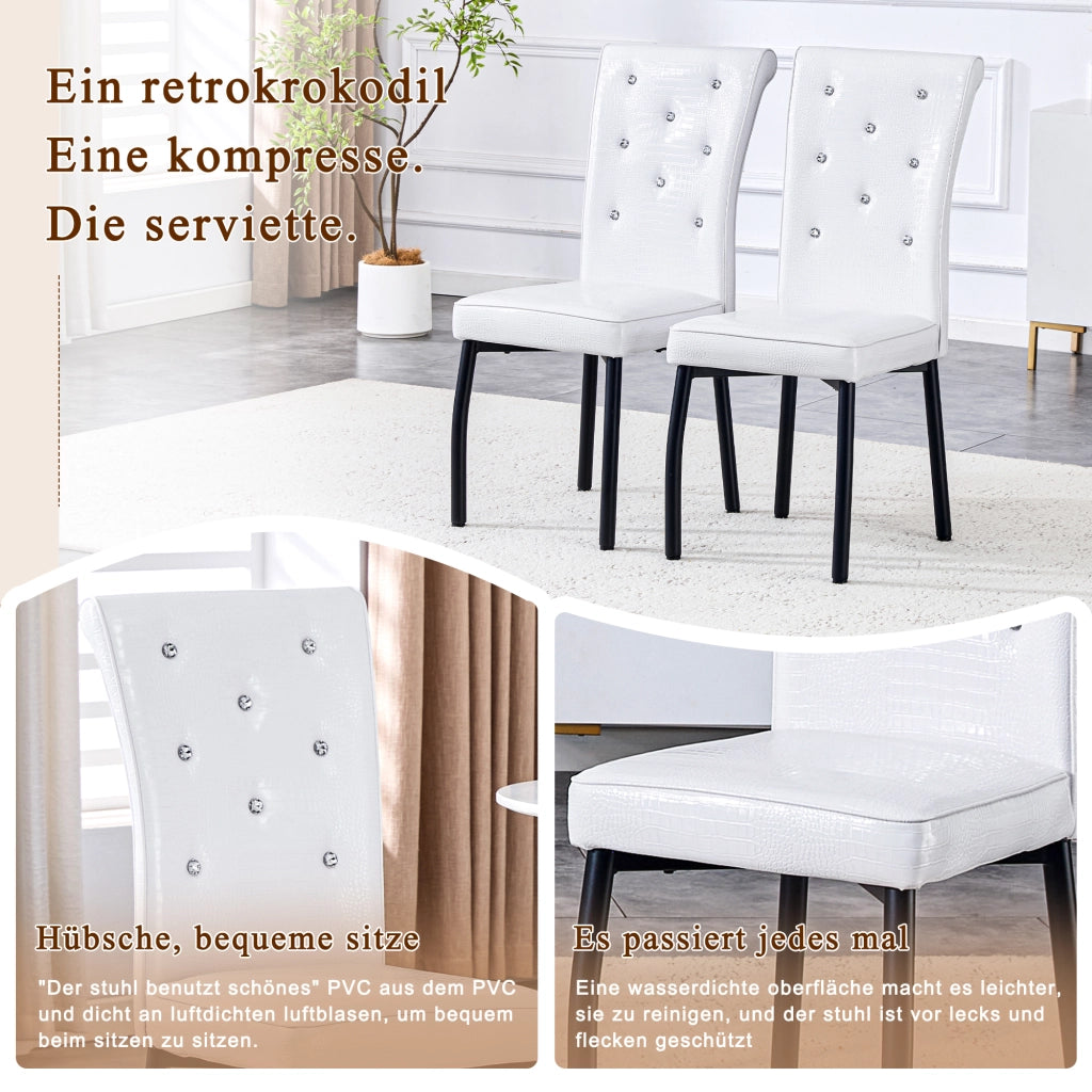 Sedia da pranzo Set da 2 con Bottoni Cristallo e Piedini Regolabili in Metallo e PVC Nero e Bianco