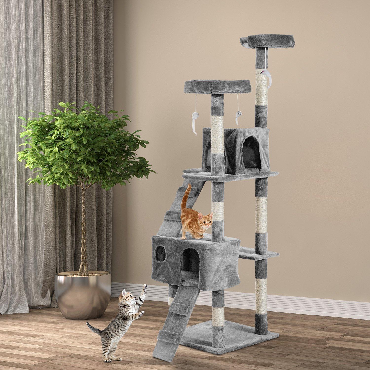 Albero Tiragraffi per Gatti con Due Cucce in Peluche e Sisal Grigio 50x50x170 cm