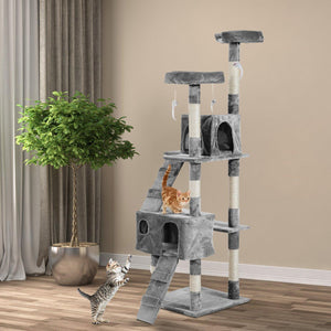Albero Tiragraffi per Gatti con Due Cucce in Peluche e Sisal Grigio 50x50x170 cm