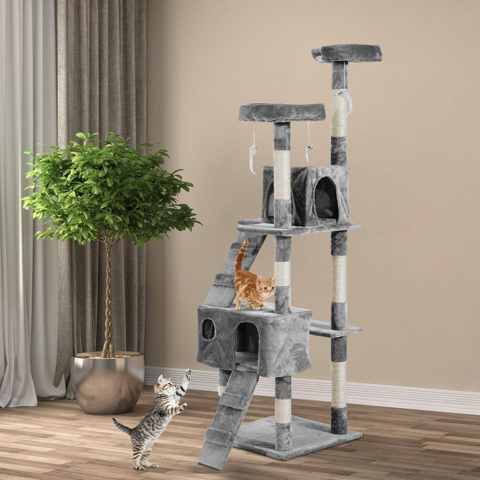 Albero Tiragraffi per Gatti con Due Cucce in Peluche e Sisal Grigio 50x50x170 cm