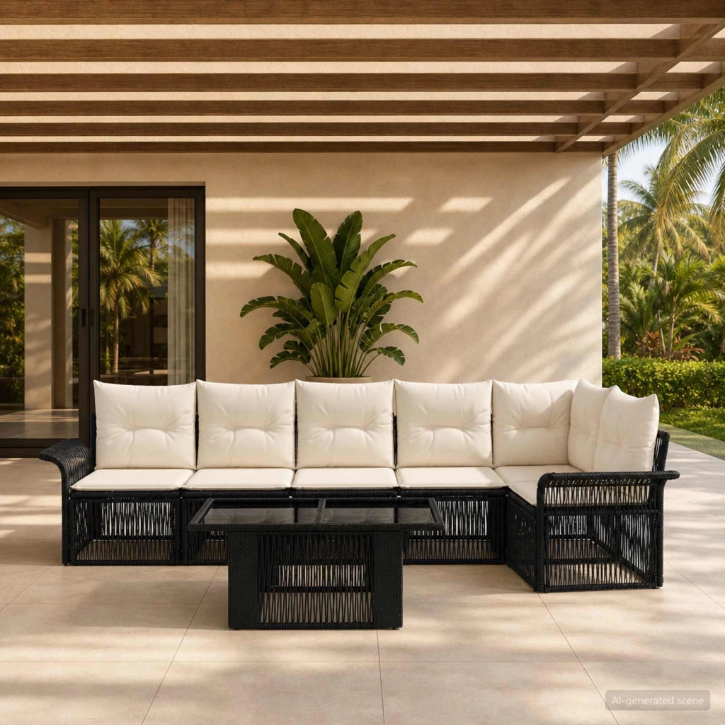 Set Divano da Giardino 7 pz Nero e Bianco Crema polyrattan 3436639