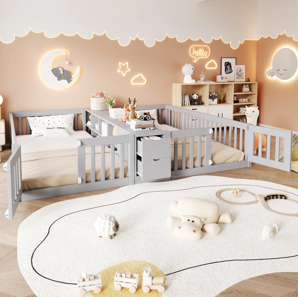 Letto doppio per bambini 90x200 cm con cassetti, grigio
