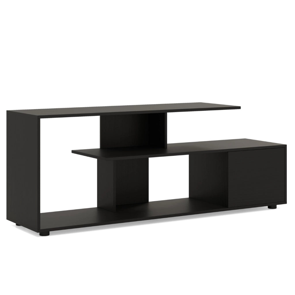 Supporto per TV con ripiani di stoccaggio e armadietto, Console media a 3 ripiani asimmetrici per soggiorno Nero