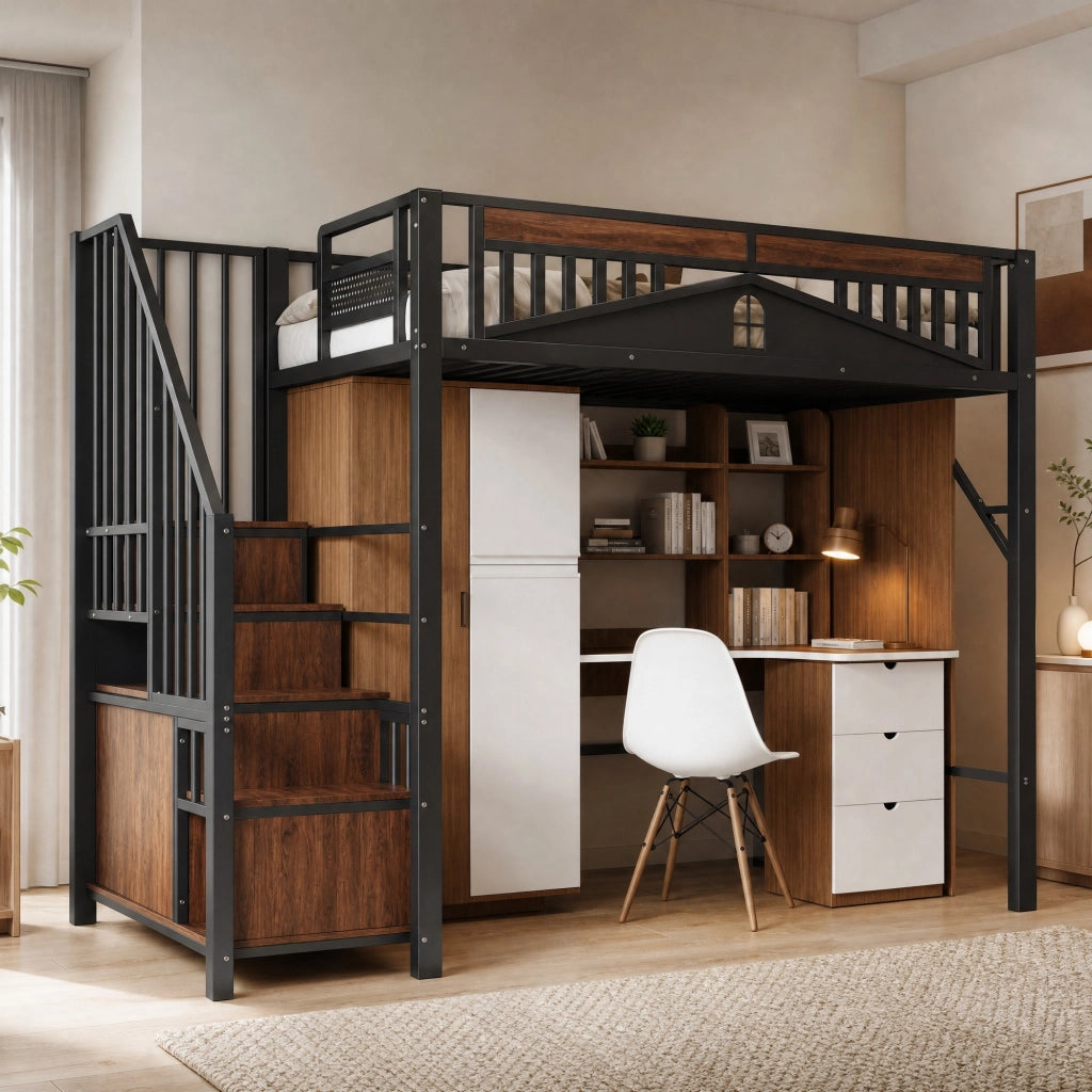 LETTO A SOPPALCO 90x200 cm Nero in Metallo e Legno con scala contenitore