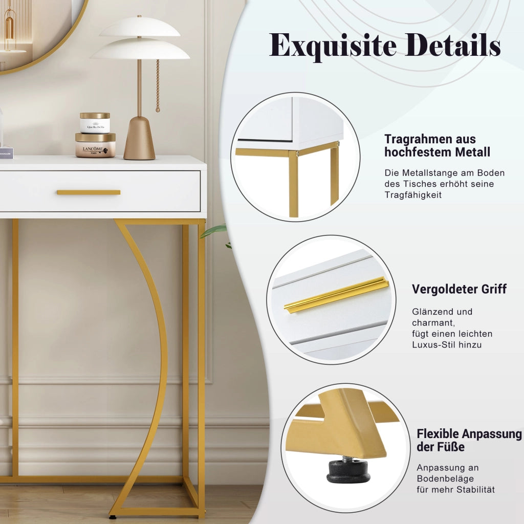 TAVOLO CONSOLLE con cassetto 110x32x85 cm MDF bianco e struttura in metallo